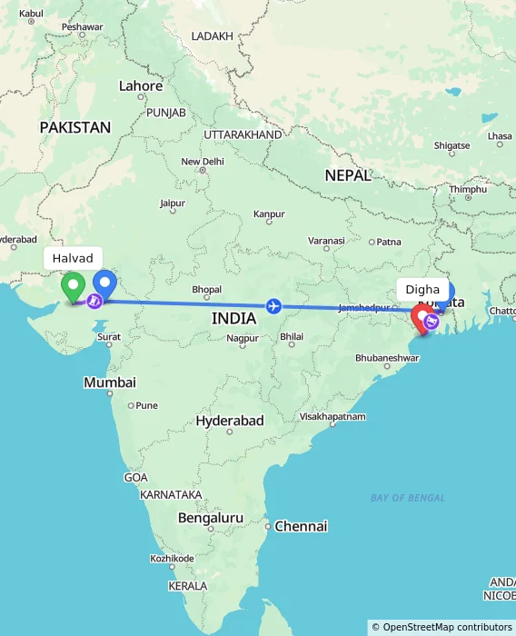 Route map showing distance and travel time from Halvad, India to Digha, India