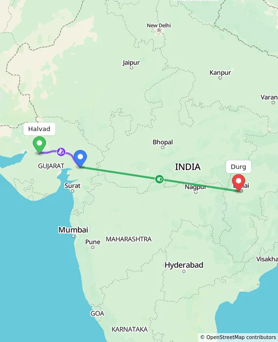 Route map showing distance and travel time from Halvad, India to Durg, India