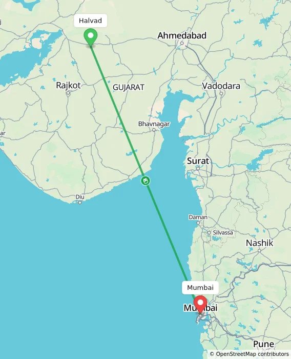 Route map showing distance and travel time from Halvad, India to Mumbai, India
