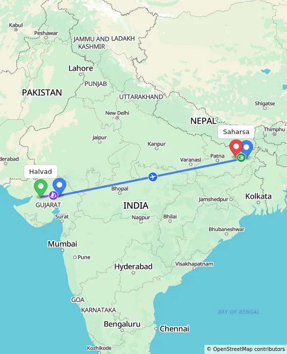 Route map showing distance and travel time from Halvad, India to Saharsa, India