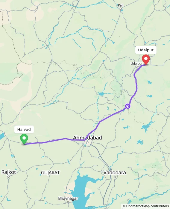 Route map showing distance and travel time from Halvad, India to Udaipur, India
