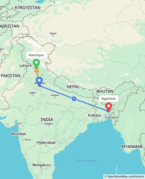 Route map showing distance and travel time from Hamirpur, India to Agartala, India