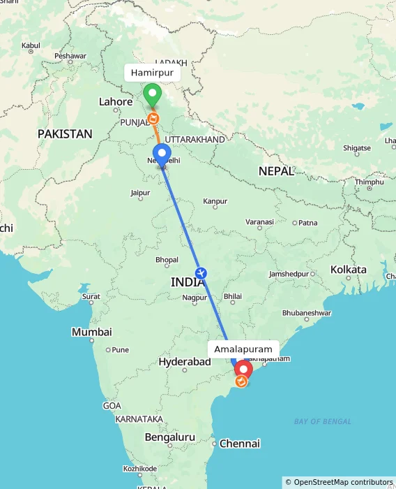 Route map showing distance and travel time from Hamirpur, India to Amalapuram, India
