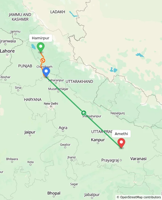 Route map showing distance and travel time from Hamirpur, India to Amethi, India