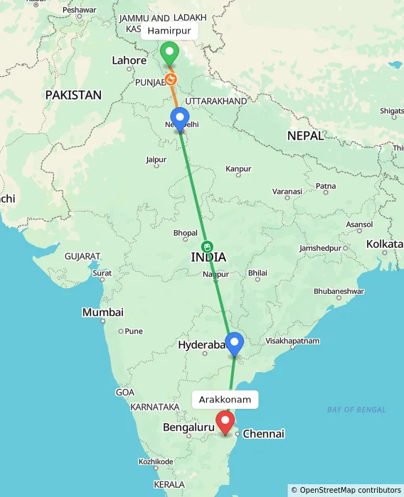 Route map showing distance and travel time from Hamirpur, India to Arakkonam, India