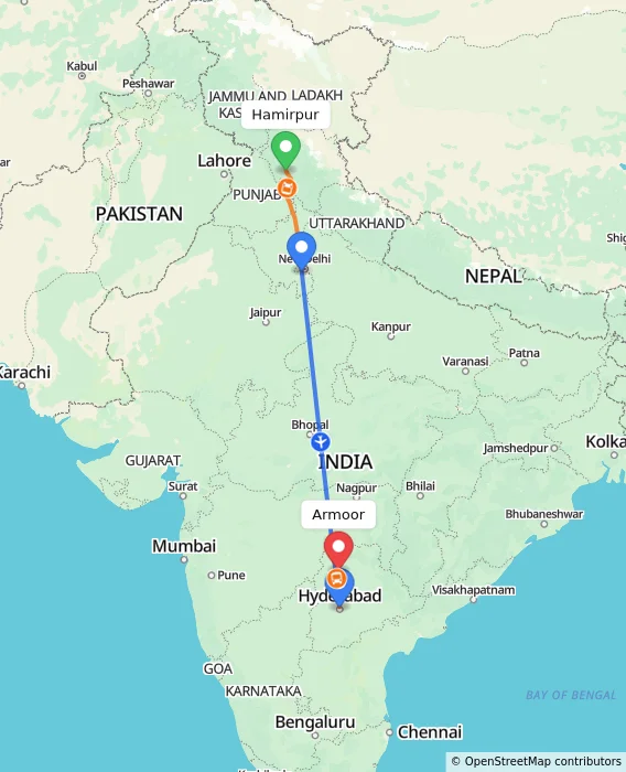 Route map showing distance and travel time from Hamirpur, India to Armoor, India