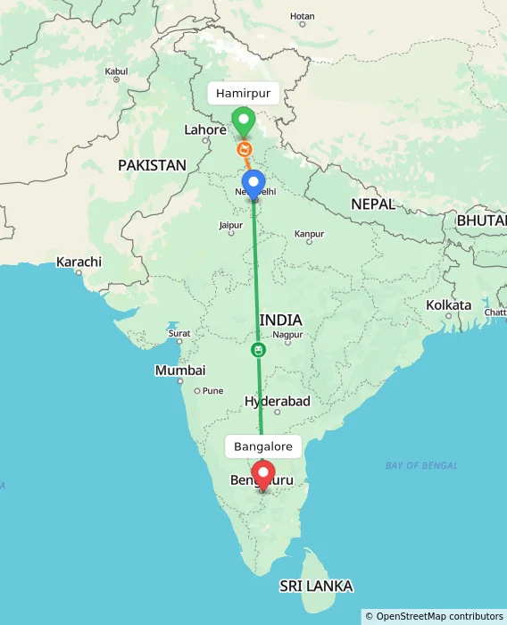 Route map showing distance and travel time from Hamirpur, India to Bangalore, India