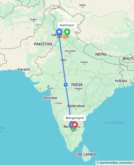 Route map showing distance and travel time from Hamirpur, India to Bangarapet, India