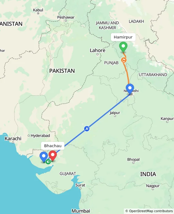 Route map showing distance and travel time from Hamirpur, India to Bhachau, India