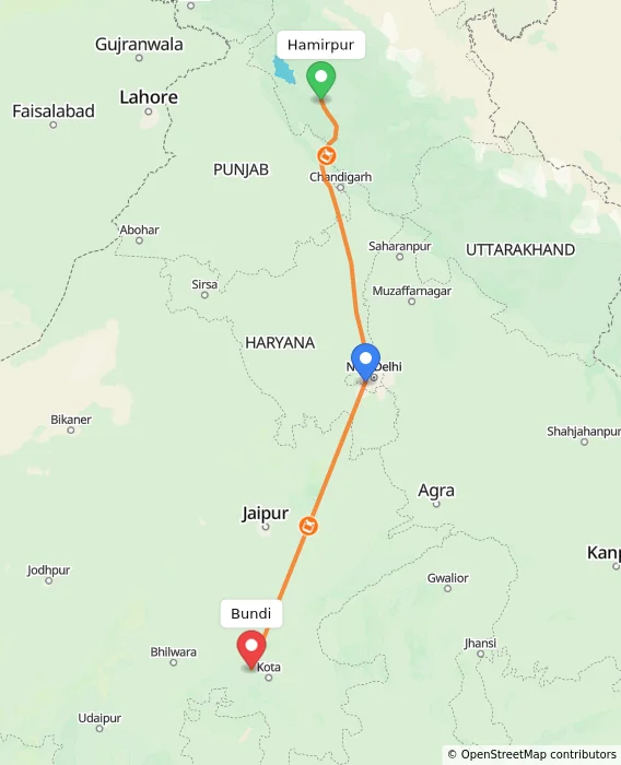 Route map showing distance and travel time from Hamirpur, India to Bundi, India