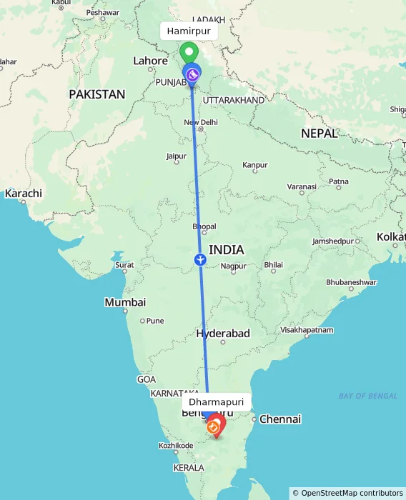 Route map showing distance and travel time from Hamirpur, India to Dharmapuri, India