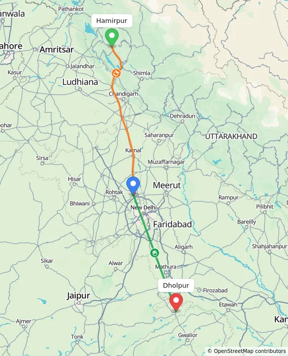 Route map showing distance and travel time from Hamirpur, India to Dholpur, India