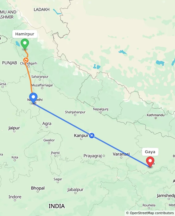 Route map showing distance and travel time from Hamirpur, India to Gaya, India