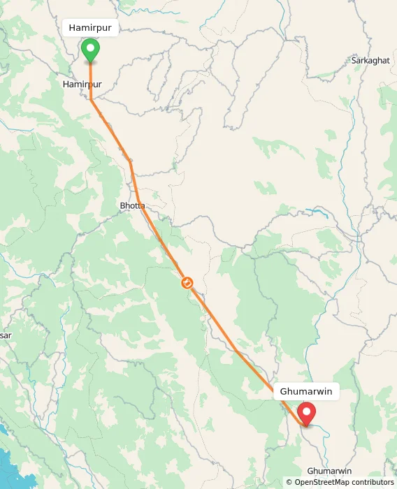 Route map showing distance and travel time from Hamirpur, India to Ghumarwin, India