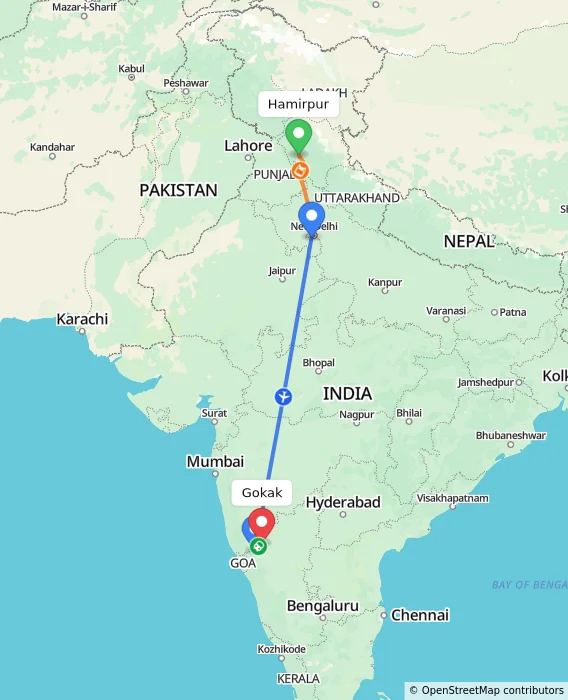 Route map showing distance and travel time from Hamirpur, India to Gokak, India