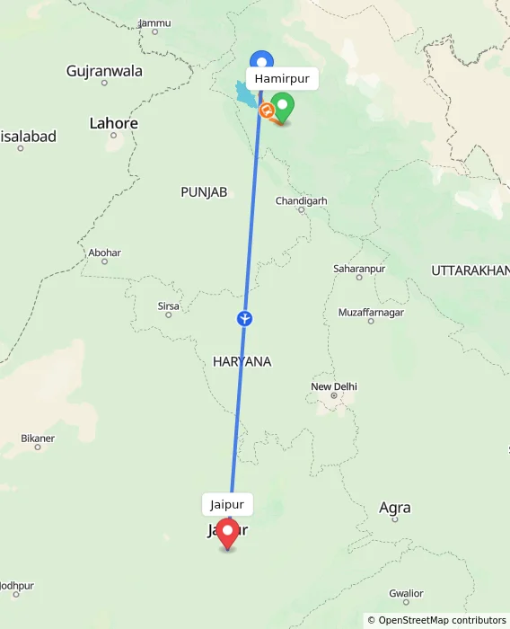 Route map showing distance and travel time from Hamirpur, India to Jaipur, India