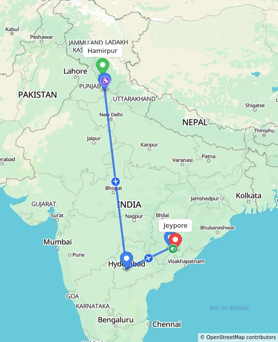 Route map showing distance and travel time from Hamirpur, India to Jeypore, India