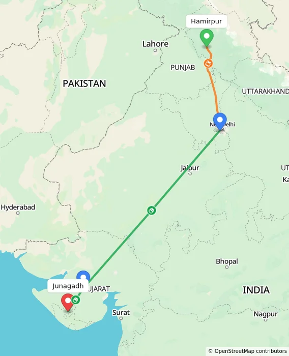Route map showing distance and travel time from Hamirpur, India to Junagadh, India