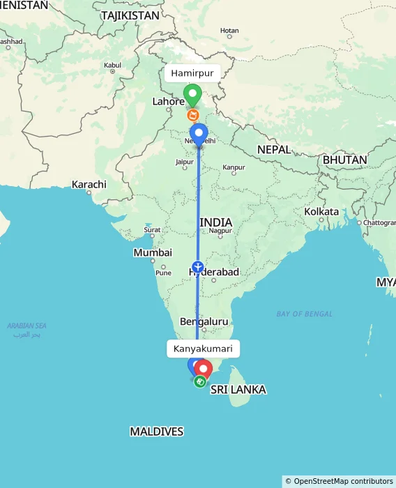 Route map showing distance and travel time from Hamirpur, India to Kanyakumari, India