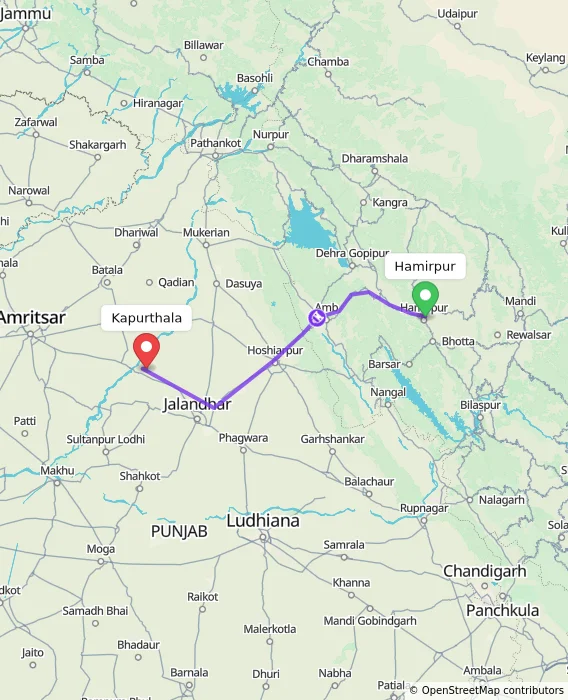Route map showing distance and travel time from Hamirpur, India to Kapurthala, India