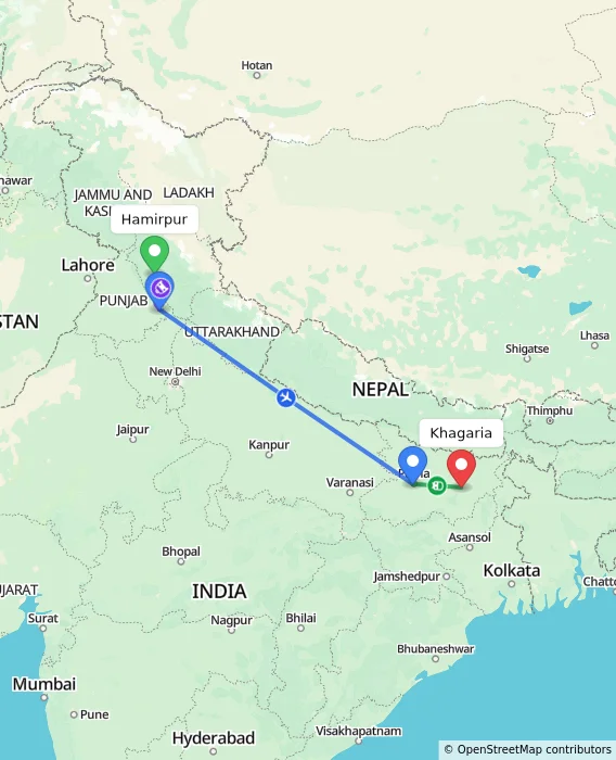 Route map showing distance and travel time from Hamirpur, India to Khagaria, India