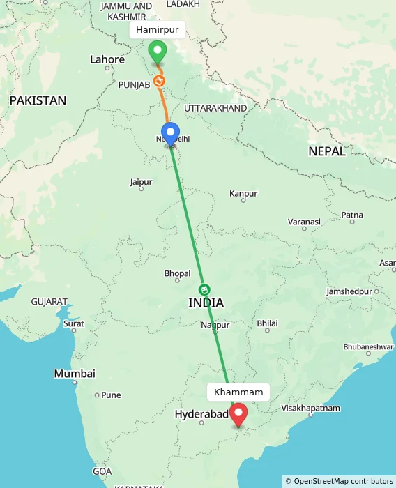 Route map showing distance and travel time from Hamirpur, India to Khammam, India