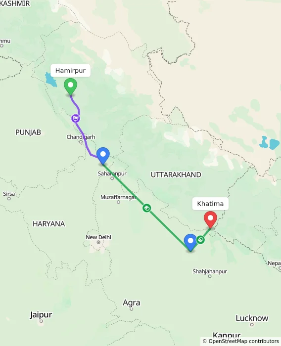 Route map showing distance and travel time from Hamirpur, India to Khatima, India