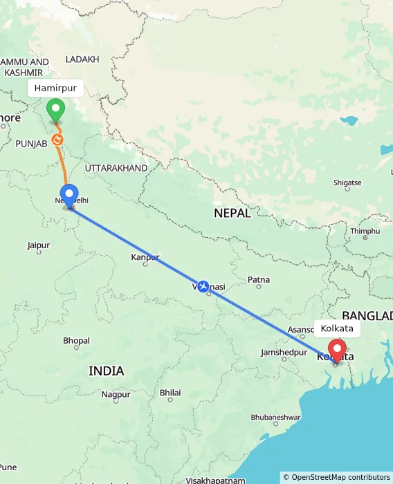 Route map showing distance and travel time from Hamirpur, India to Kolkata, India
