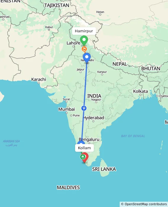 Route map showing distance and travel time from Hamirpur, India to Kollam, India