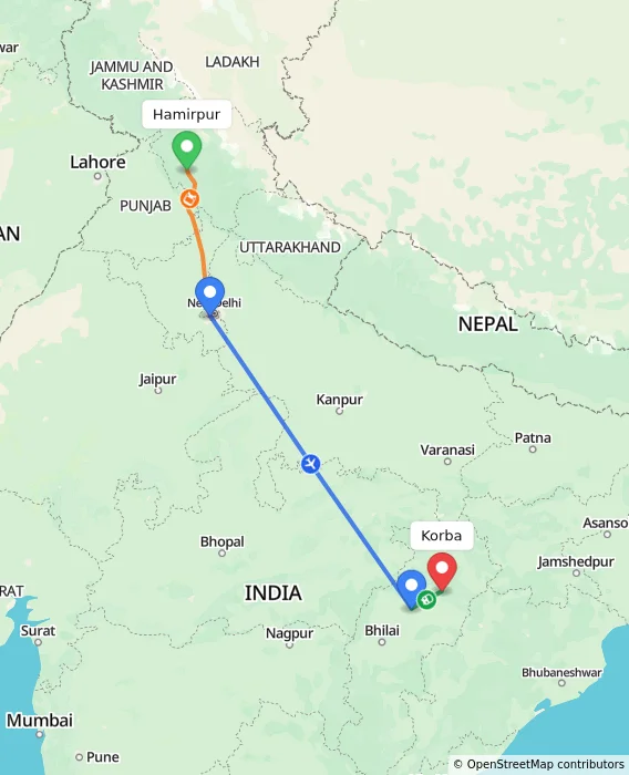 Route map showing distance and travel time from Hamirpur, India to Korba, India