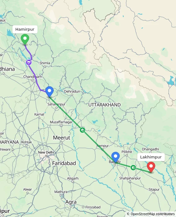 Route map showing distance and travel time from Hamirpur, India to Lakhimpur, India