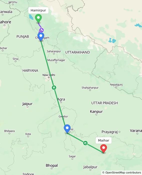 Route map showing distance and travel time from Hamirpur, India to Maihar, India