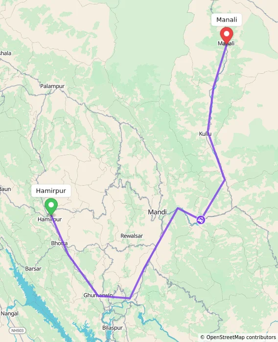 Route map showing distance and travel time from Hamirpur, India to Manali, India