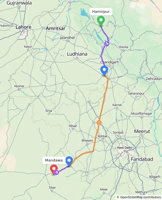 Route map showing distance and travel time from Hamirpur, India to Mandawa, India