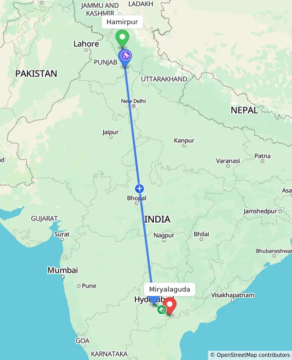 Route map showing distance and travel time from Hamirpur, India to Miryalaguda, India