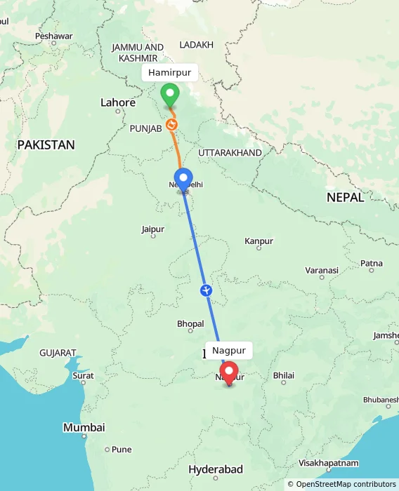 Route map showing distance and travel time from Hamirpur, India to Nagpur, India