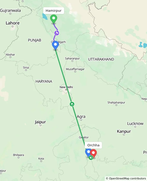 Route map showing distance and travel time from Hamirpur, India to Orchha, India