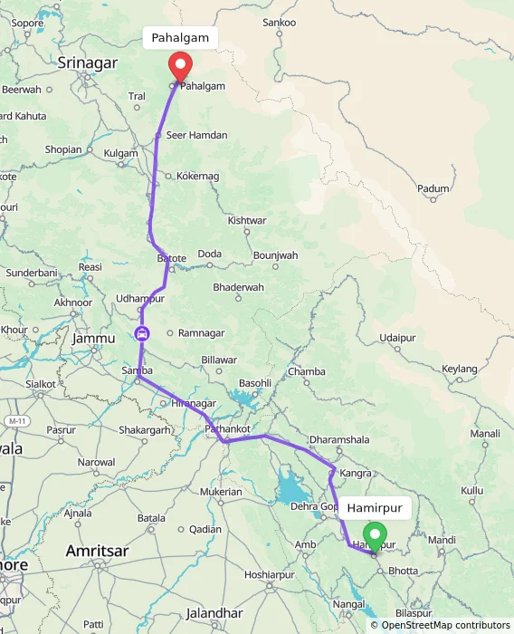 Route map showing distance and travel time from Hamirpur, India to Pahalgam, India