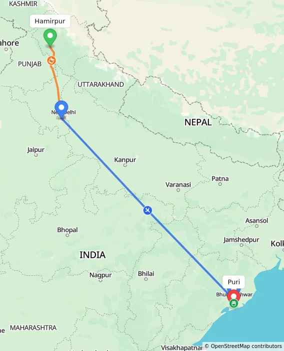 Route map showing distance and travel time from Hamirpur, India to Puri, India