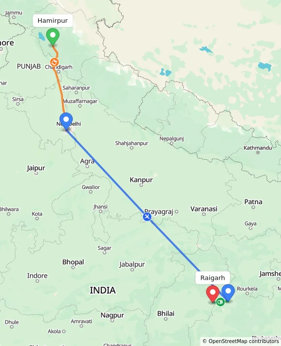 Route map showing distance and travel time from Hamirpur, India to Raigarh, India