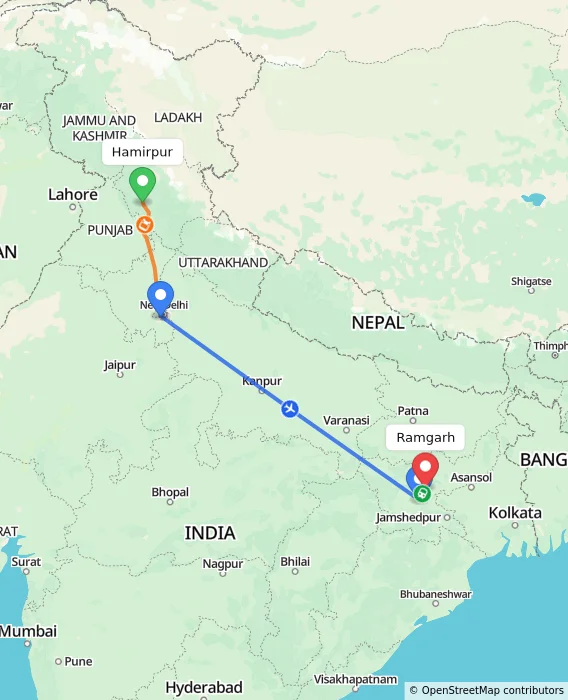 Route map showing distance and travel time from Hamirpur, India to Ramgarh, India