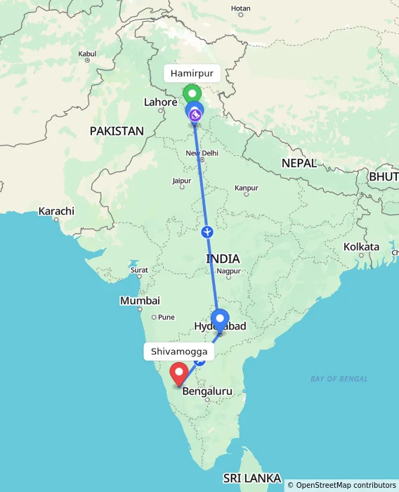 Route map showing distance and travel time from Hamirpur, India to Shivamogga, India