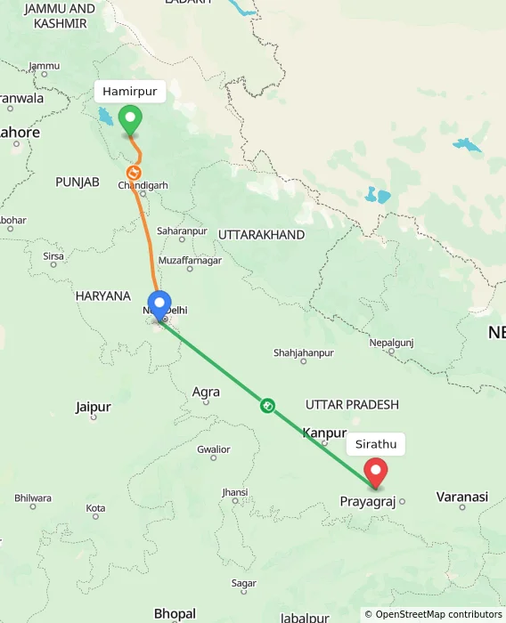 Route map showing distance and travel time from Hamirpur, India to Sirathu, India