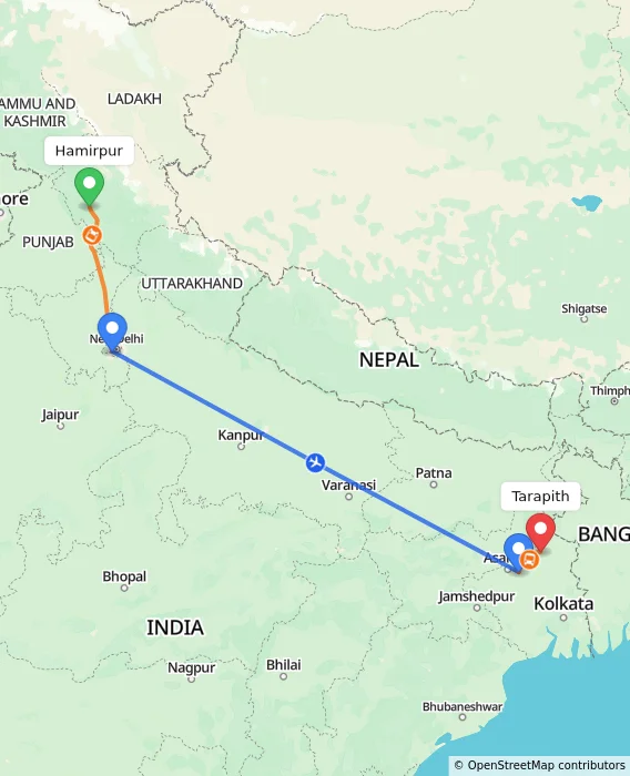 Route map showing distance and travel time from Hamirpur, India to Tarapith, India