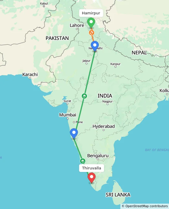 Route map showing distance and travel time from Hamirpur, India to Thiruvalla, India