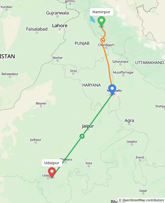 Route map showing distance and travel time from Hamirpur, India to Udaipur, India