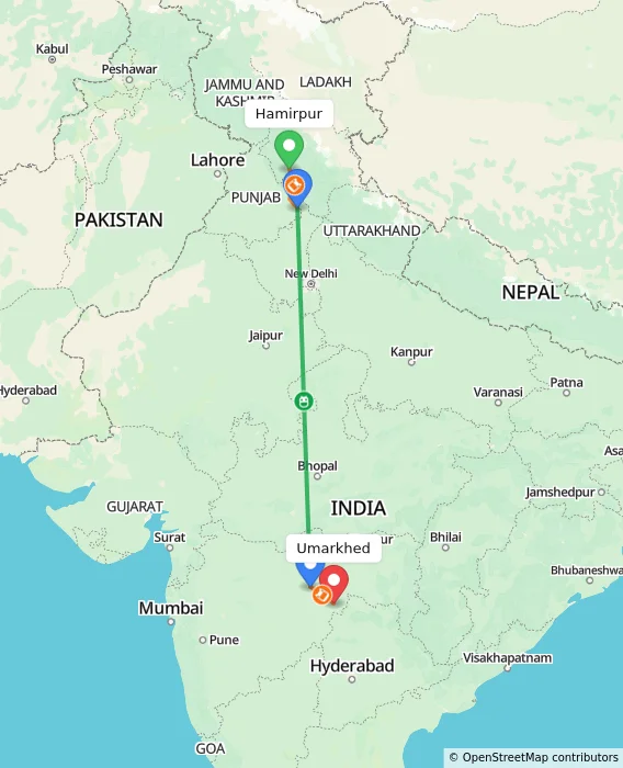 Route map showing distance and travel time from Hamirpur, India to Umarkhed, India