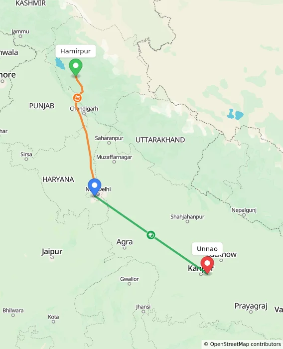 Route map showing distance and travel time from Hamirpur, India to Unnao, India