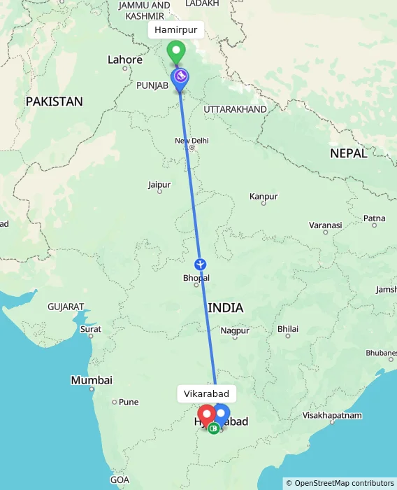 Route map showing distance and travel time from Hamirpur, India to Vikarabad, India