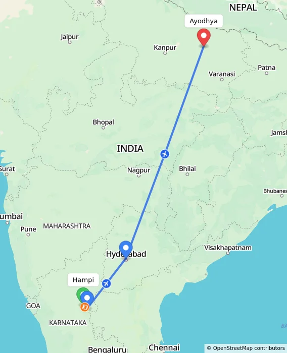 Route map showing distance and travel time from Hampi, India to Ayodhya, India
